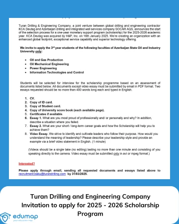 Turan Drilling and Engineering Company Invitation to apply for 2025 - 2026 Scholarship Program