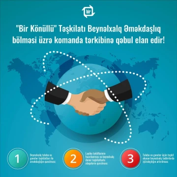 “Bir Könüllü” Təşkilatı Beynəlxalq Əməkdaşlıq bölməsi üzrə komanda tərkibinə qəbul elan edir!