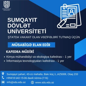Sumqayıt Dövlət Universiteti ştatda olan vəzifələri tutmaq üçün müsabiqə elan edir