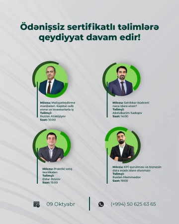 Sahibkar və ya Sahibkarlığa marağı olanlar üçün ödənişsiz, sertifikatlı təlimlər