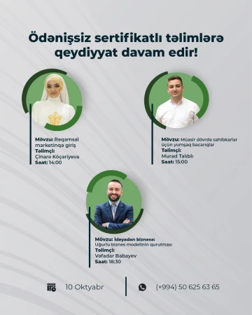 Ödənişsiz təlimlərimizdə iştirak edərək biznesyönümlü bilik və bacarıqlarınızı inkişaf etdirin!