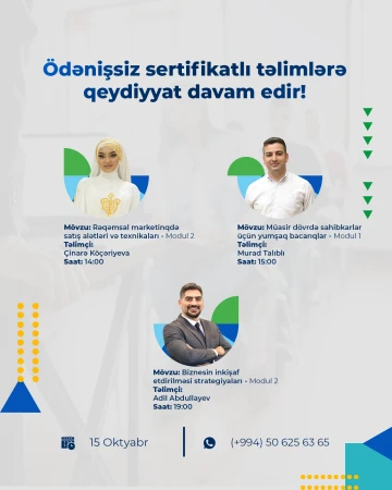 Ödənişsiz sertifikatlı təlimlər davam edir!