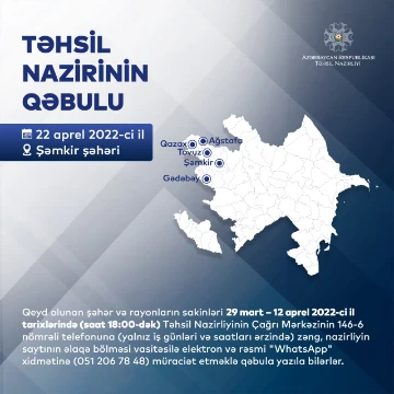 Təhsil naziri Şəmkirdə vətəndaşları qəbul edəcək