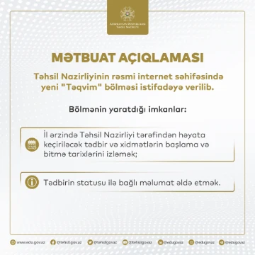 Təhsil Nazirliyinin saytında yeni "Təqvim" bölməsi yaradılıb