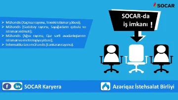 SOCAR-ın “Azəriqaz” İstehsalat Birliyində ölkənin müxtəlif regionları üzrə “Mühəndis” vakansiyaları aktivdir