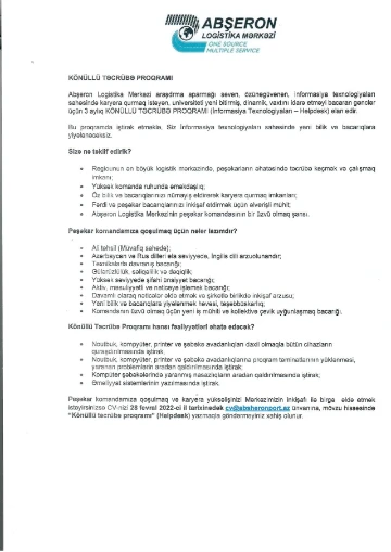 Abşeron Logistika Mərkəzi İnformasiya Texnologiyaları sahəsində KÖNÜLLÜ TƏCRÜBƏ PROQRAMI elan edir
