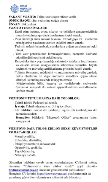 Dövlət Məşğulluq Agentliyi Təlim-tədris üzrə rəhbər vəzifəyə dair vakansiya elan edir