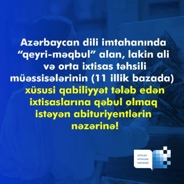 Xüsusi qabiliyyət tələb edən ixtisaslarına qəbul olmaq istəyən abituriyentlərin nəzərinə
