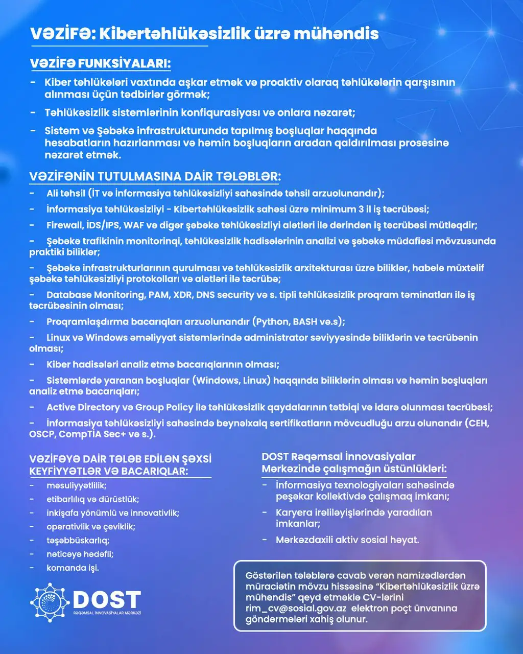 DOST Rəqəmsal İnnovasiyalar Mərkəzində yeni vakansiya!