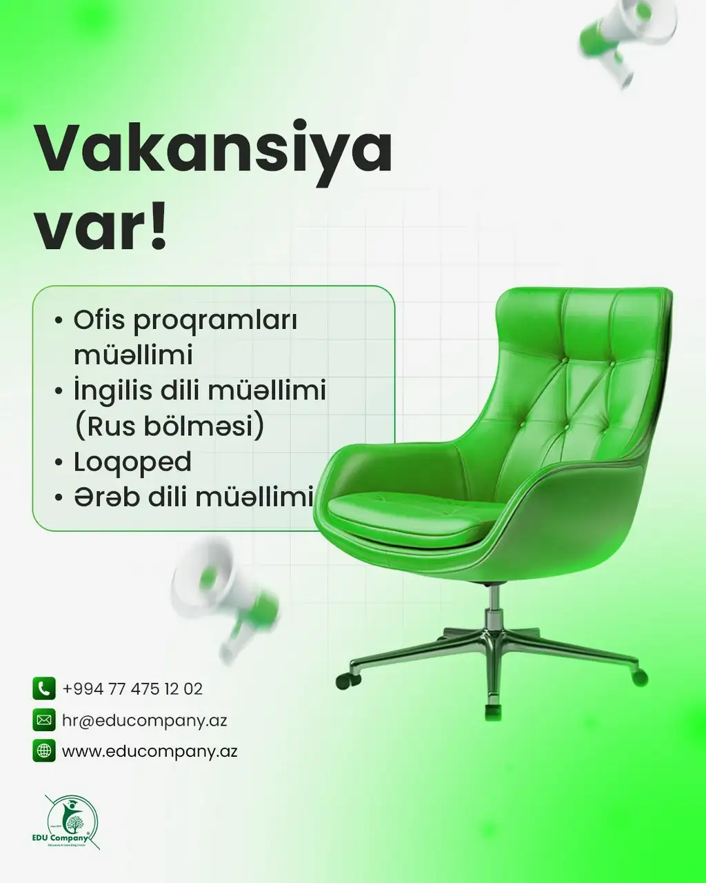 "EDU Company Təhsil Şirkəti aşağıda göstərilən müəllim vakansiyaları üzrə vakansiya elan edir