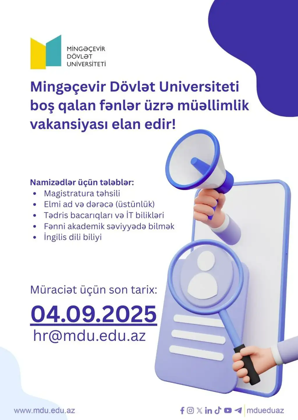 Mingəçevir Dövlət Universiteti boş qalan fənlər üzrə müəllimlik vakansiyası elan edir!